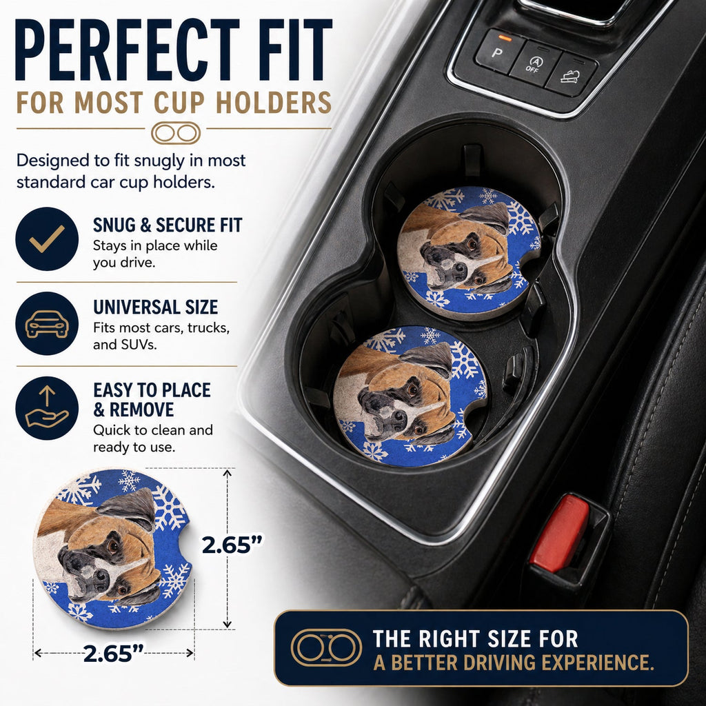 Boxer Winter Snowflakes Holiday Set of 2 Cup Holder Car Coasters Absorbent Round Sandstone Coasters Gifts for Men or Women, 2.5, Multicolor