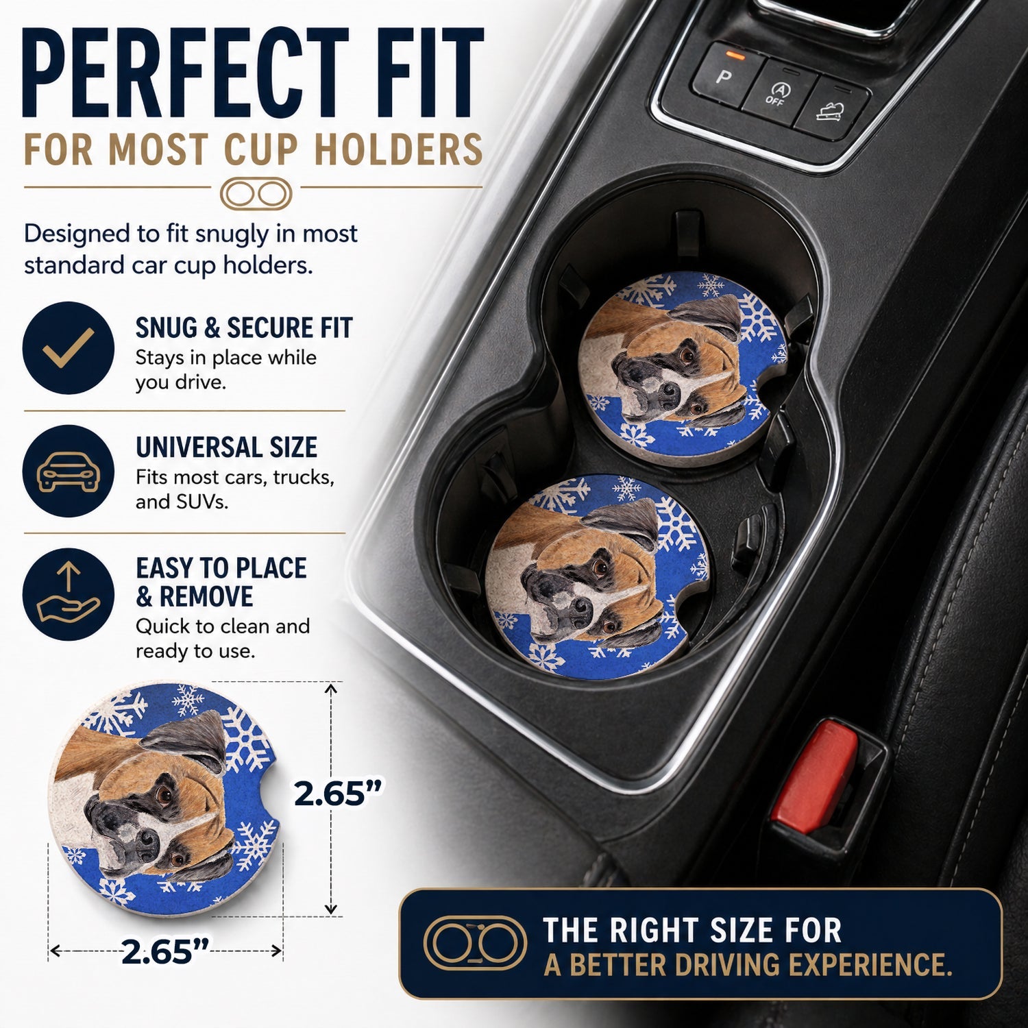 Boxer Winter Snowflakes Holiday Set of 2 Cup Holder Car Coasters Absorbent Round Sandstone Coasters Gifts for Men or Women, 2.5, Multicolor