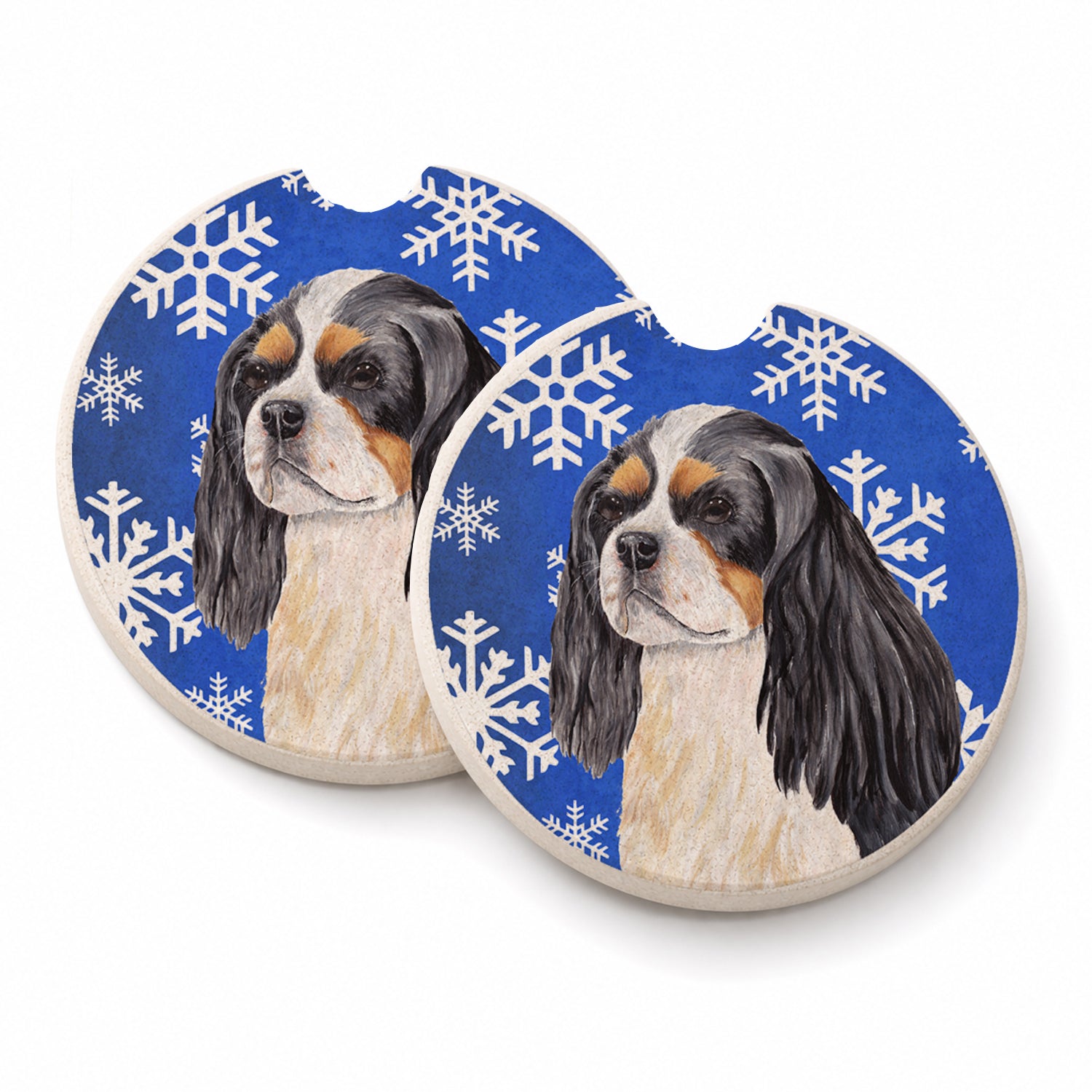 Cavalier Spaniel Winter Snowflakes Holiday Set of 2 Cup Holder Car Coasters Absorbent Round Sandstone Coasters Gifts for Men or Women, 2.5, Multicolor