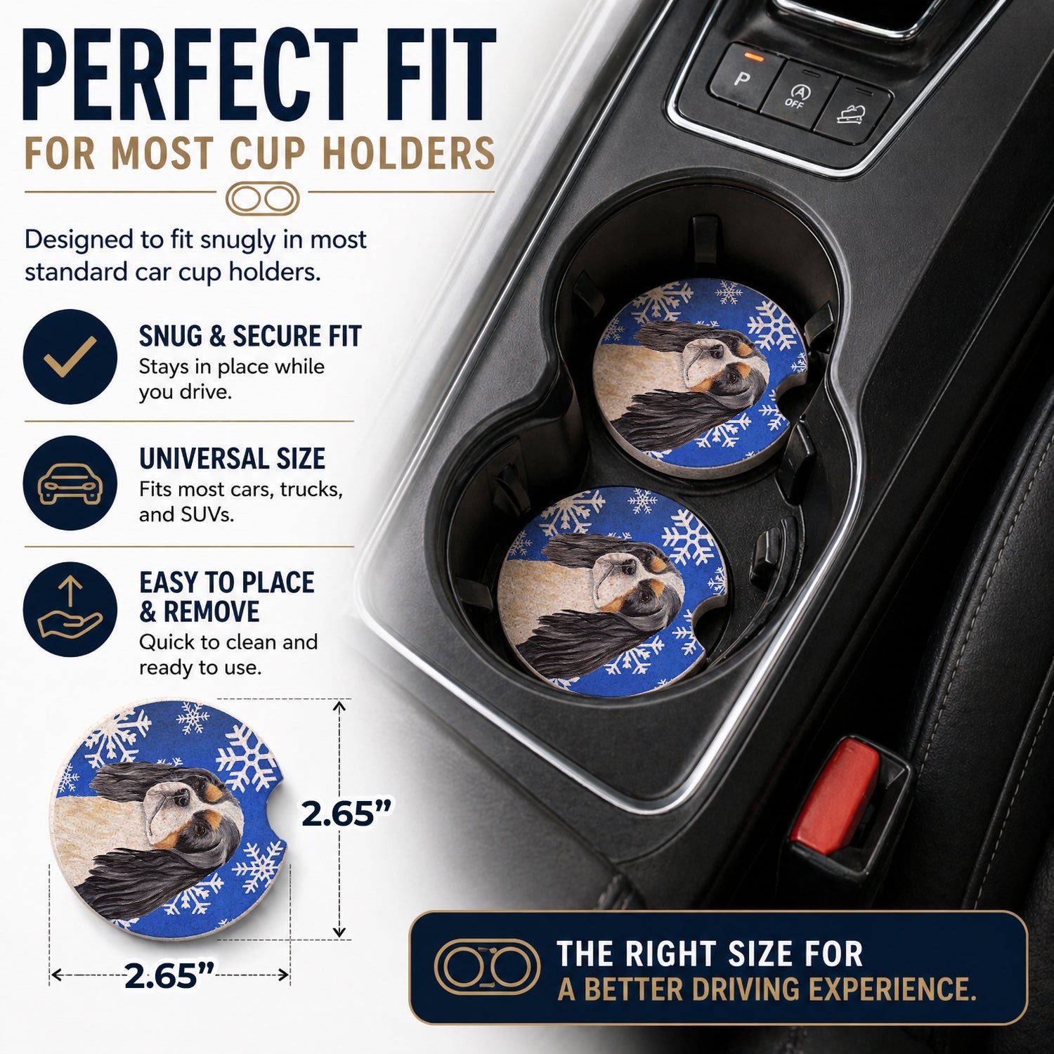 Cavalier Spaniel Winter Snowflakes Holiday Set of 2 Cup Holder Car Coasters Absorbent Round Sandstone Coasters Gifts for Men or Women, 2.5, Multicolor