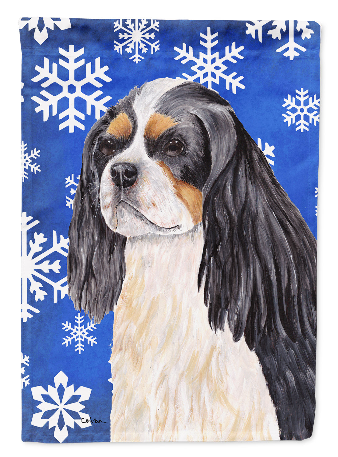 Cavalier Spaniel Winter Snowflakes Holiday House Flag 28x40 Porch Sleeve Pole Decorative Outside Yard Banner Artwork Wall Hanging, Polyester