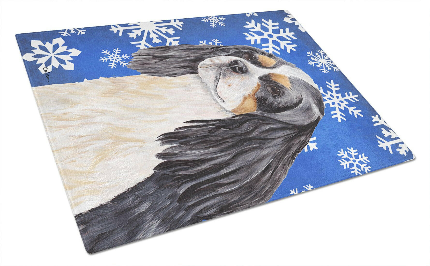 Cavalier Spaniel Winter Snowflakes Holiday Cutting Board Tempered Glass Kitchen Cutting Surface, Heat Resistant Chopping, Non-Slip Feet, Food Prep & Serving