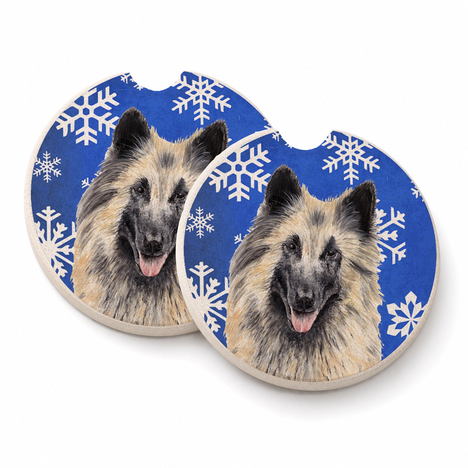 Belgian Tervuren Winter Snowflakes Holiday Set of 2 Cup Holder Car Coasters Absorbent Round Sandstone Coasters Gifts for Men or Women, 2.5, Multicolor
