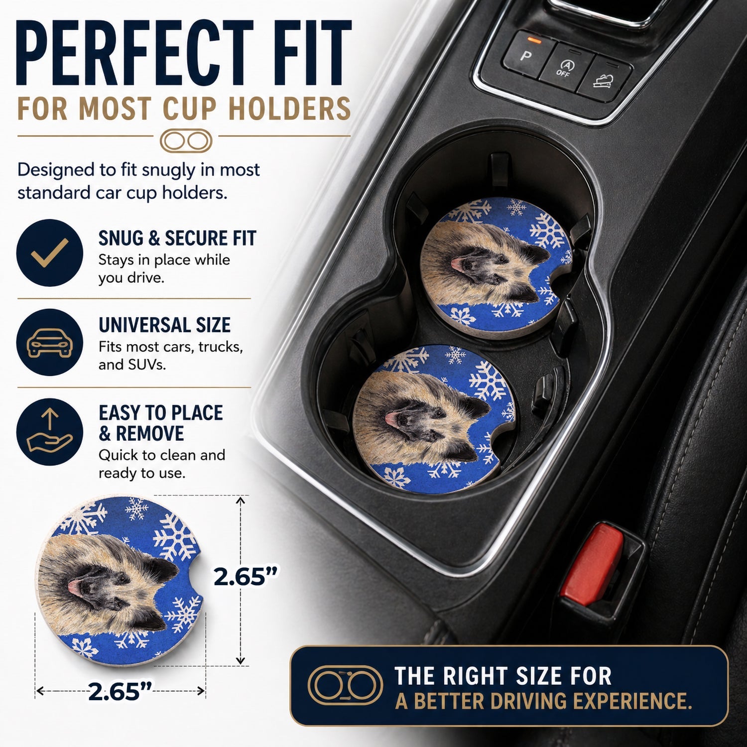Belgian Tervuren Winter Snowflakes Holiday Set of 2 Cup Holder Car Coasters Absorbent Round Sandstone Coasters Gifts for Men or Women, 2.5, Multicolor