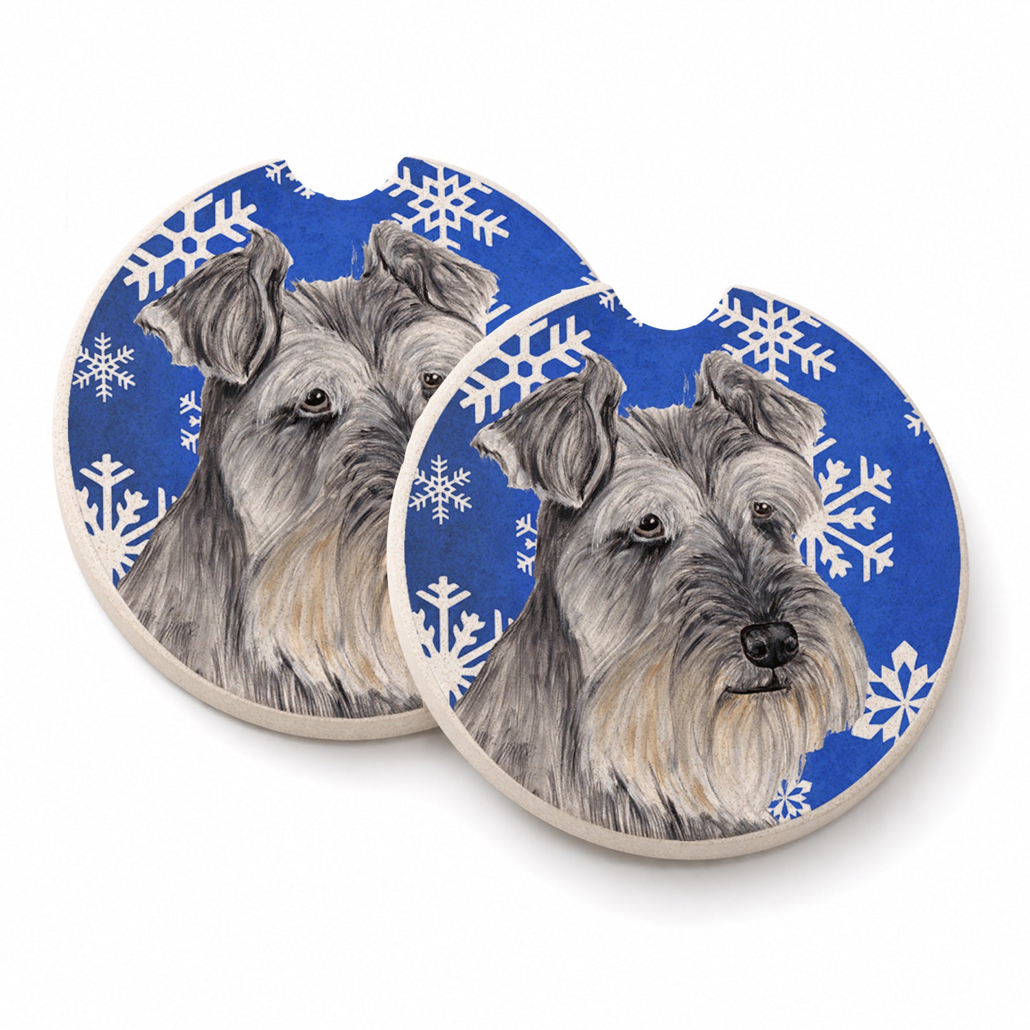 Schnauzer Winter Snowflakes Holiday Set of 2 Cup Holder Car Coasters Absorbent Round Sandstone Coasters Gifts for Men or Women, 2.5, Multicolor