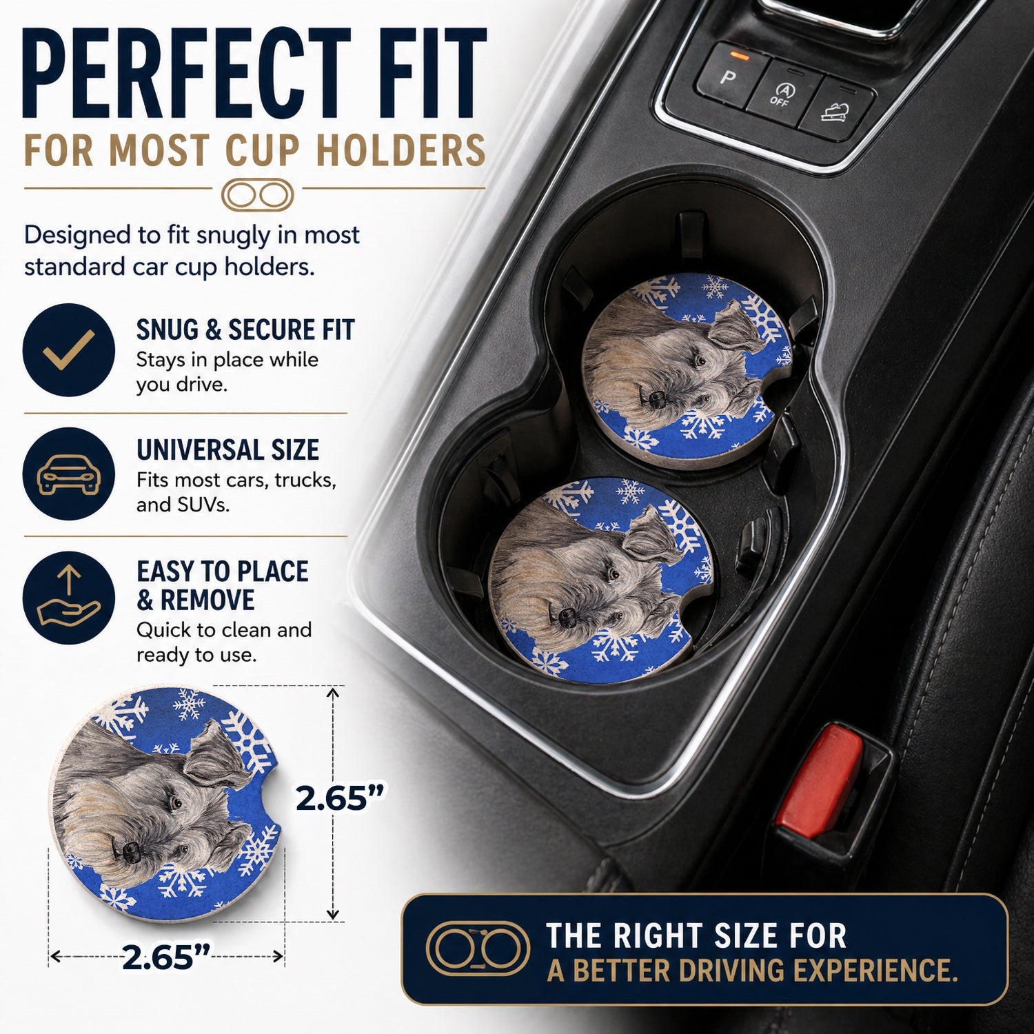 Schnauzer Winter Snowflakes Holiday Set of 2 Cup Holder Car Coasters Absorbent Round Sandstone Coasters Gifts for Men or Women, 2.5, Multicolor