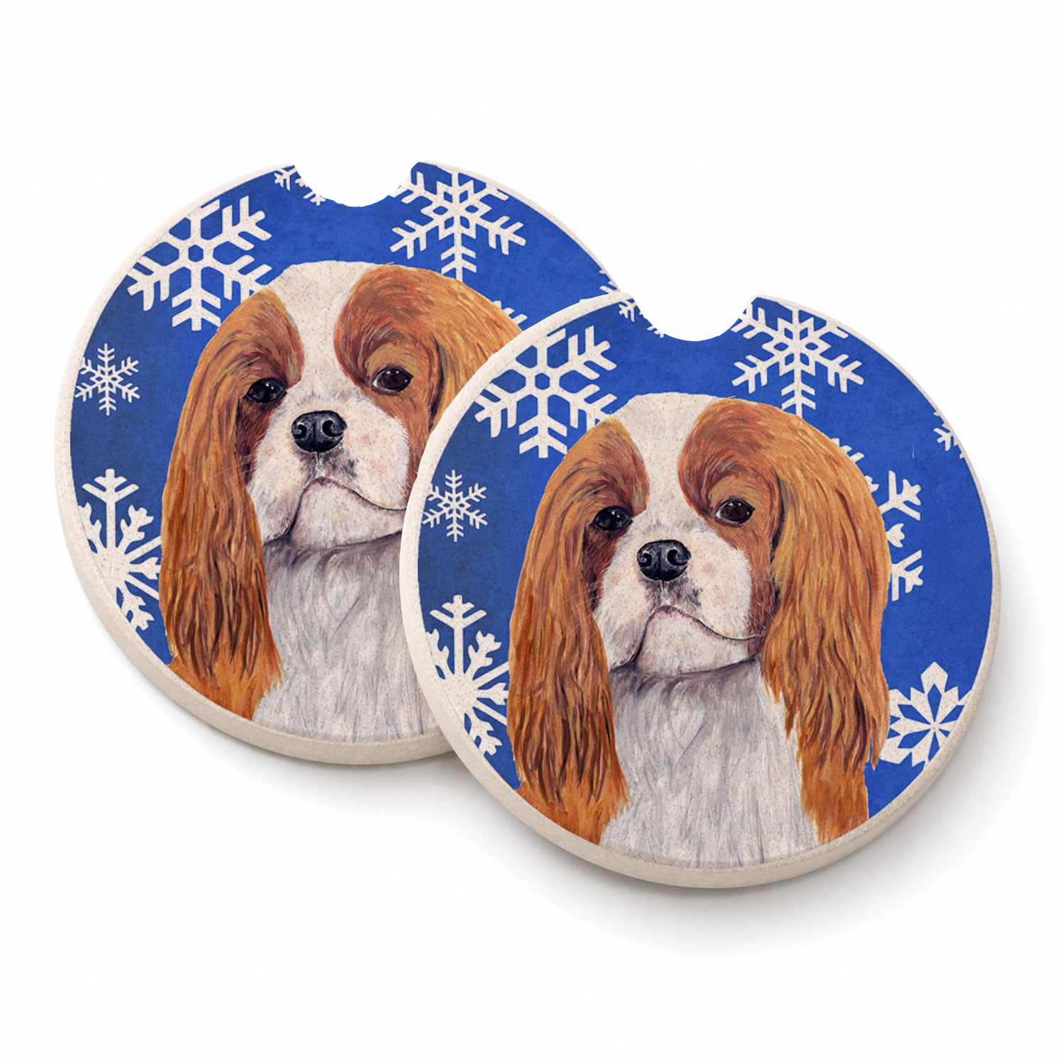 Cavalier Spaniel Winter Snowflakes Holiday Set of 2 Cup Holder Car Coasters Absorbent Round Sandstone Coasters Gifts for Men or Women, 2.5, Multicolor