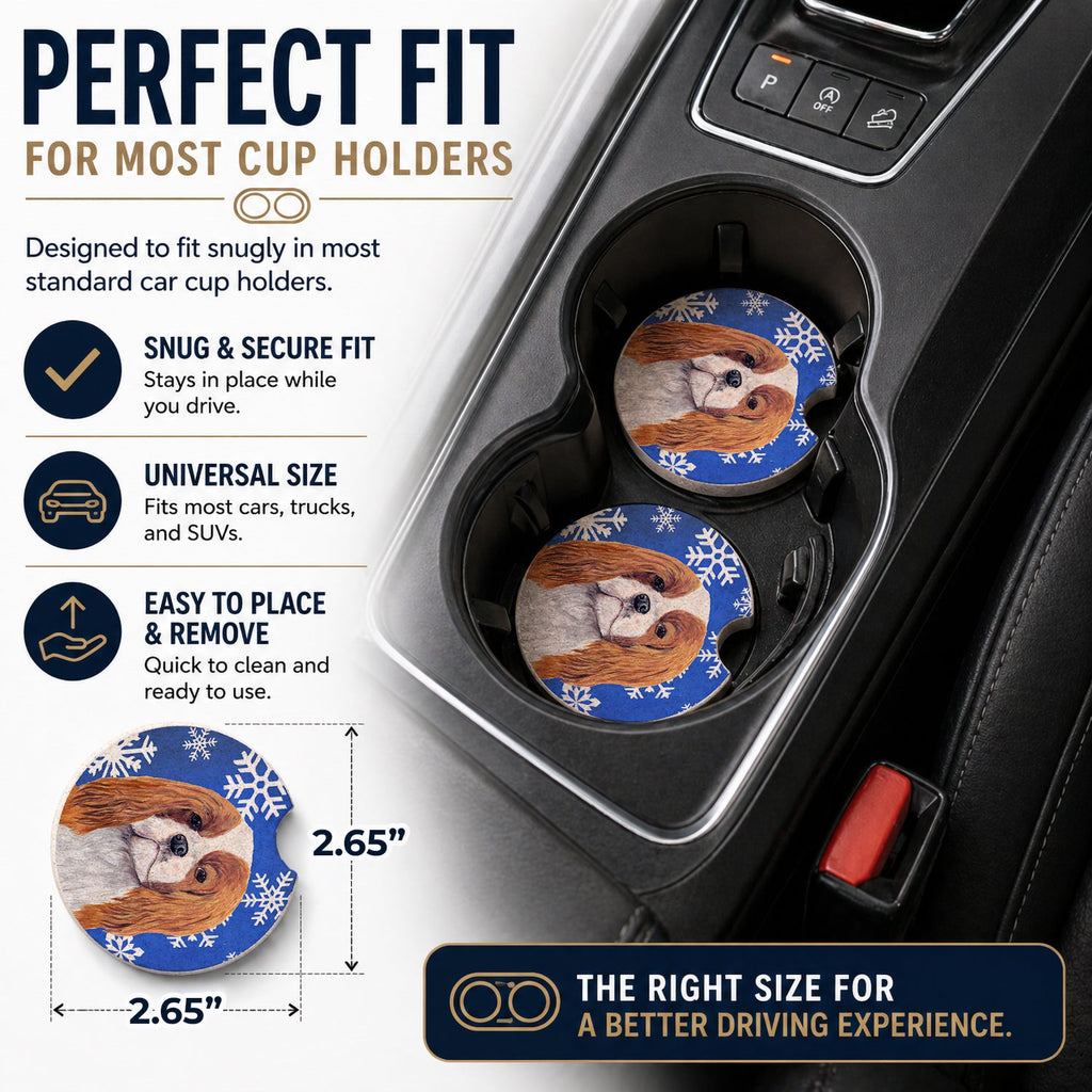 Cavalier Spaniel Winter Snowflakes Holiday Set of 2 Cup Holder Car Coasters Absorbent Round Sandstone Coasters Gifts for Men or Women, 2.5, Multicolor