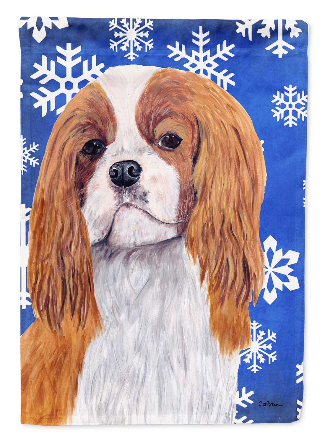 Cavalier Spaniel Winter Snowflakes Holiday House Flag 28x40 Porch Sleeve Pole Decorative Outside Yard Banner Artwork Wall Hanging, Polyester