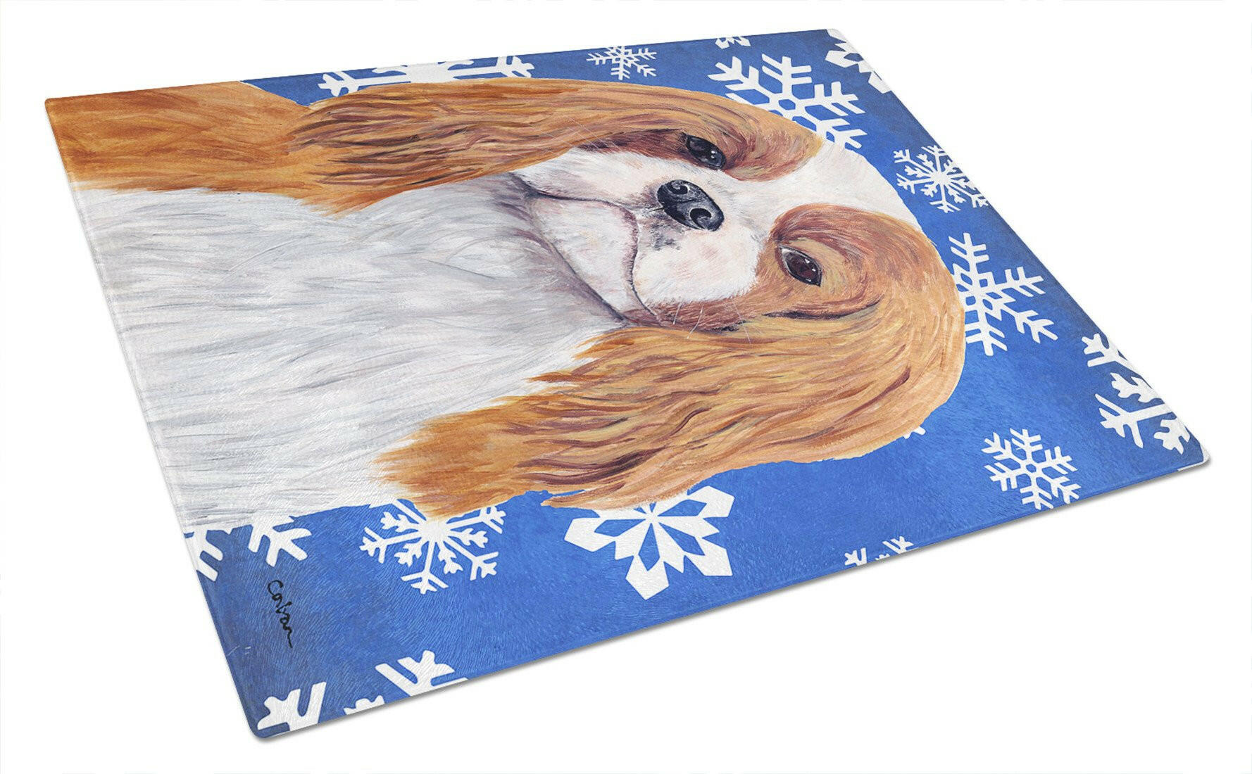 Cavalier Spaniel Winter Snowflakes Holiday Cutting Board Tempered Glass Kitchen Cutting Surface, Heat Resistant Chopping, Non-Slip Feet, Food Prep & Serving