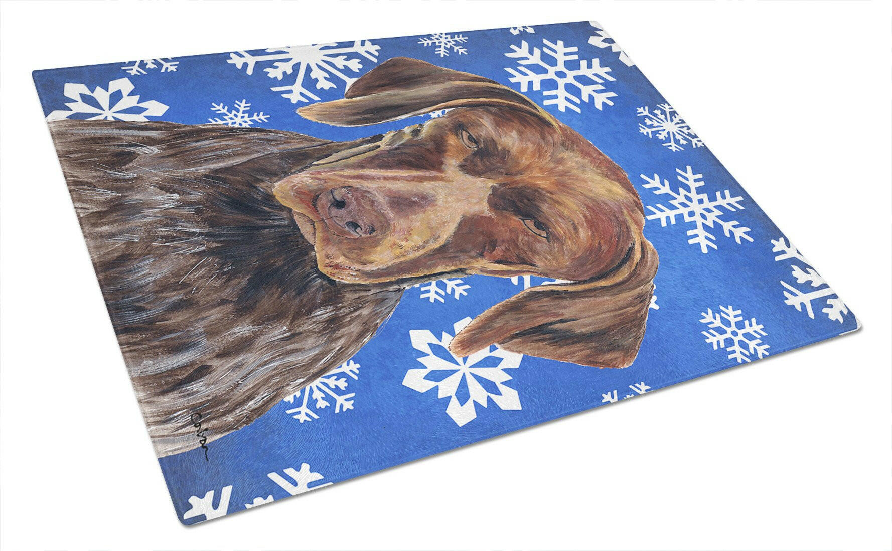 German Shorthaired Pointer Winter Snowflakes Holiday Cutting Board Tempered Glass Kitchen Cutting Surface, Heat Resistant Chopping, Non-Slip Feet, Food Prep & Serving