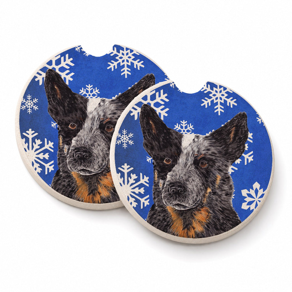 Australian Cattle Dog Winter Snowflakes Holiday Set of 2 Cup Holder Car Coasters Absorbent Round Sandstone Coasters Gifts for Men or Women, 2.5, Multicolor