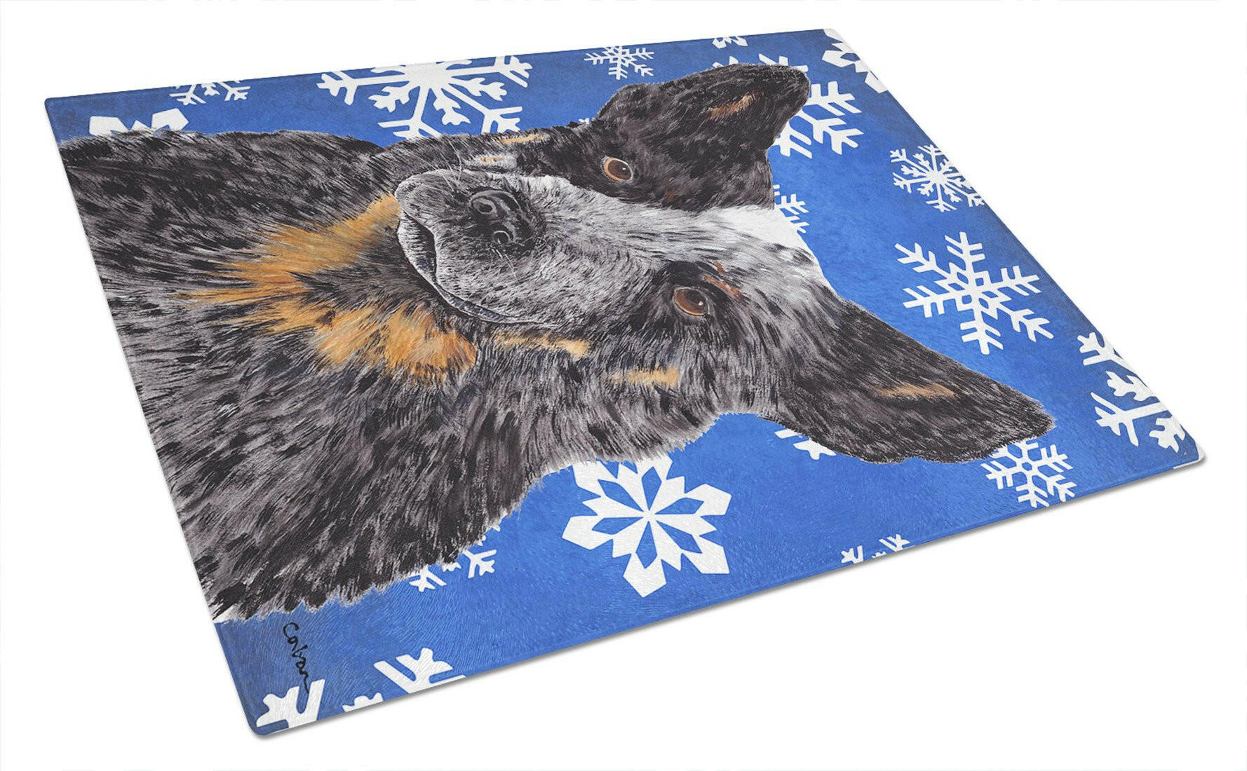 Australian Cattle Dog Winter Snowflakes Holiday Cutting Board Tempered Glass Kitchen Cutting Surface, Heat Resistant Chopping, Non-Slip Feet, Food Prep & Serving