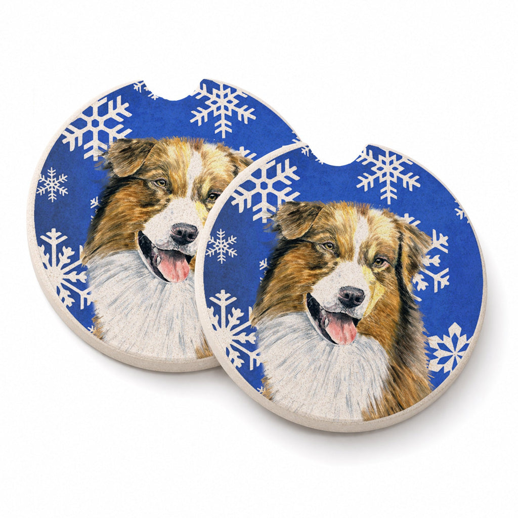 Australian Shepherd Winter Snowflakes Holiday Set of 2 Cup Holder Car Coasters Absorbent Round Sandstone Coasters Gifts for Men or Women, 2.5, Multicolor