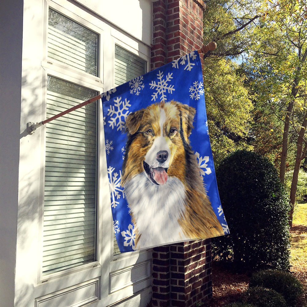 Australian Shepherd Winter Snowflakes Holiday House Flag 28x40 Porch Sleeve Pole Decorative Outside Yard Banner Artwork Wall Hanging, Polyester