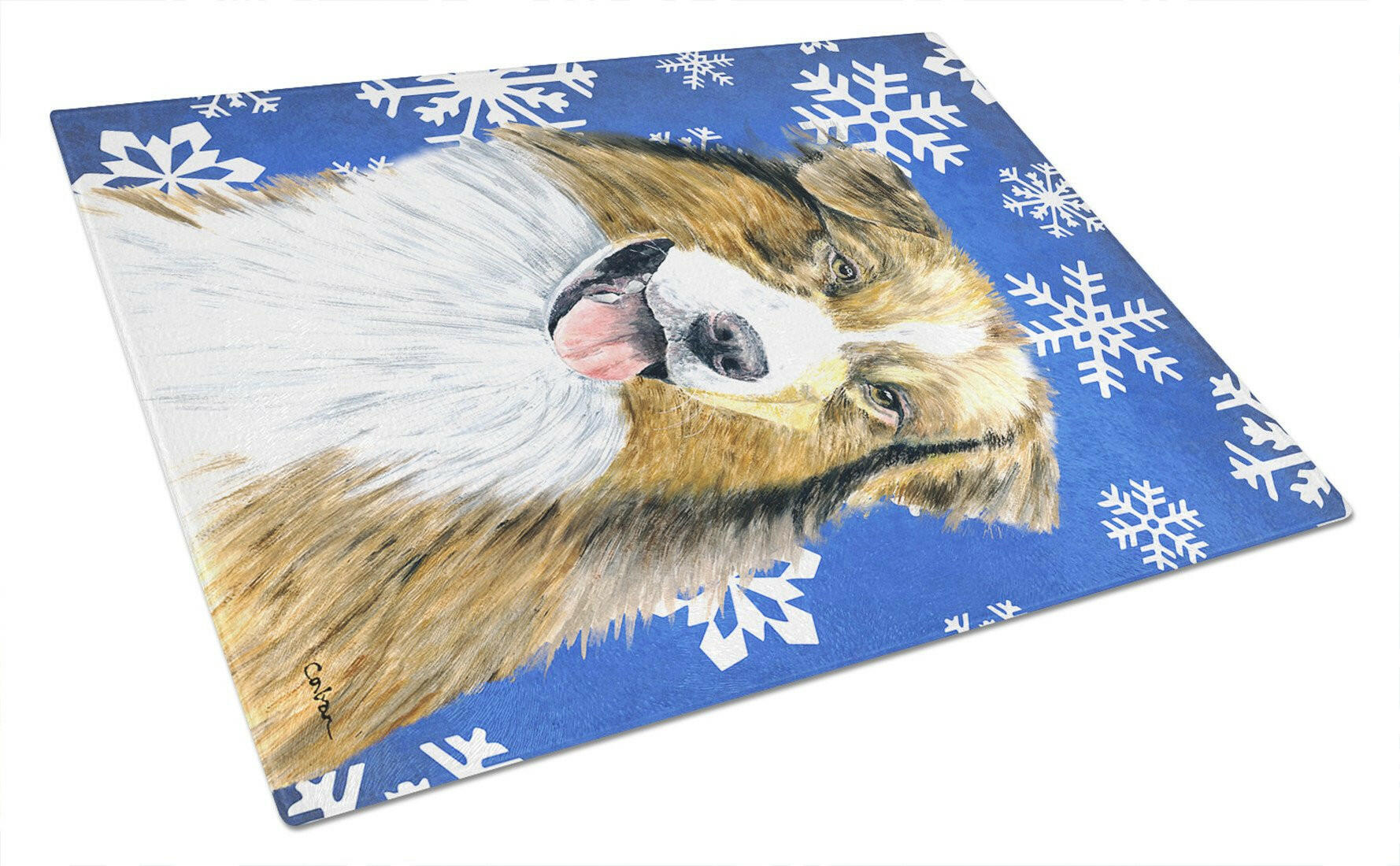 Australian Shepherd Winter Snowflakes Holiday Cutting Board Tempered Glass Kitchen Cutting Surface, Heat Resistant Chopping, Non-Slip Feet, Food Prep & Serving