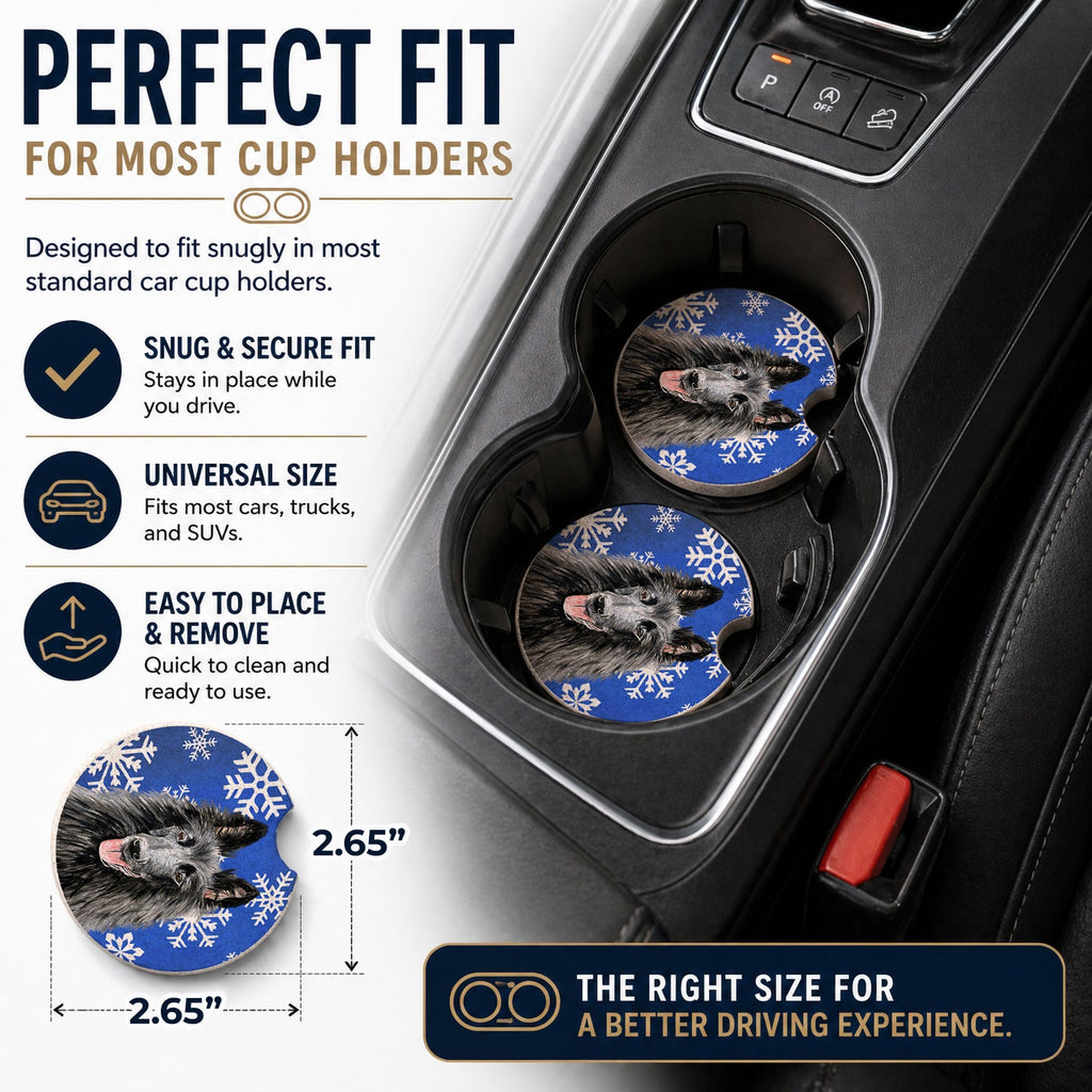 Belgian Sheepdog Winter Snowflakes Holiday Set of 2 Cup Holder Car Coasters Absorbent Round Sandstone Coasters Gifts for Men or Women, 2.5, Multicolor