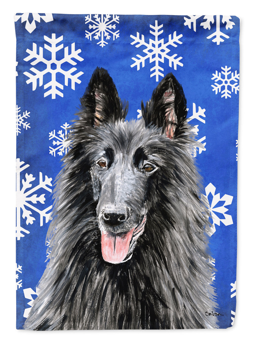 Belgian Sheepdog Winter Snowflakes Holiday House Flag 28x40 Porch Sleeve Pole Decorative Outside Yard Banner Artwork Wall Hanging, Polyester