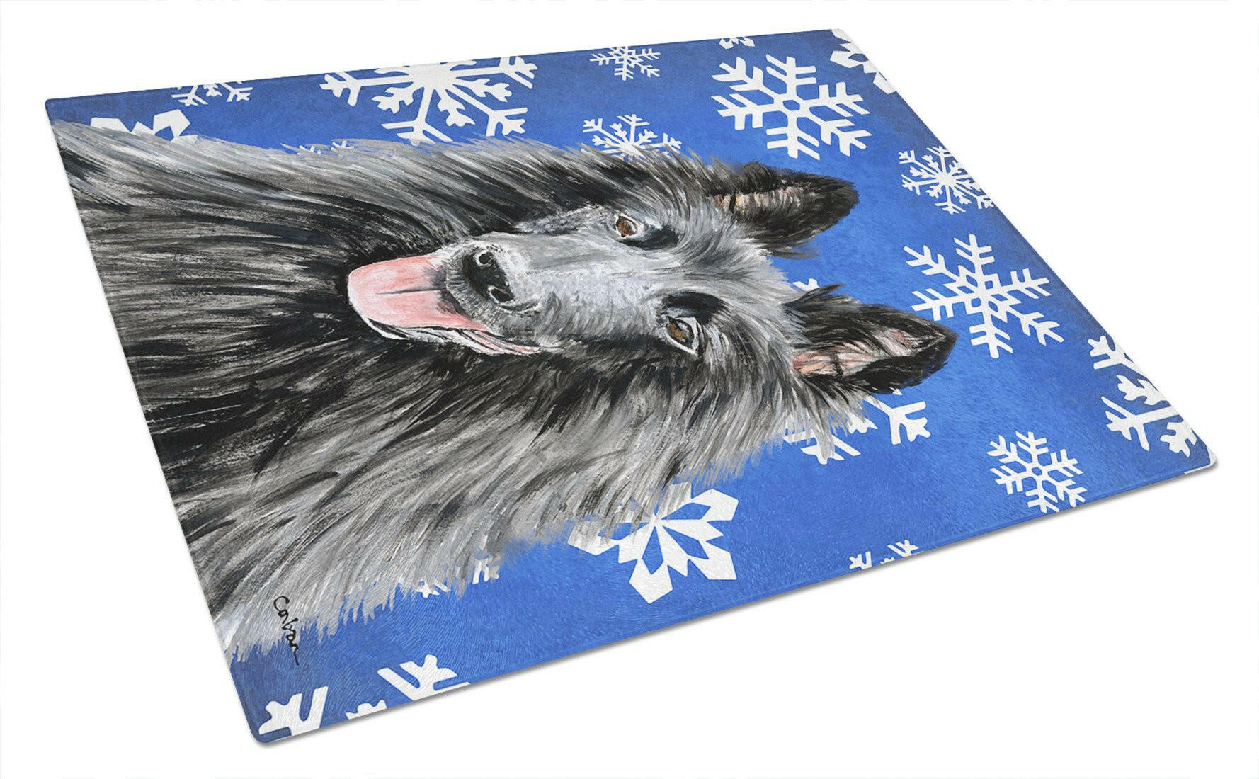 Belgian Sheepdog Winter Snowflakes Holiday Cutting Board Tempered Glass Kitchen Cutting Surface, Heat Resistant Chopping, Non-Slip Feet, Food Prep & Serving