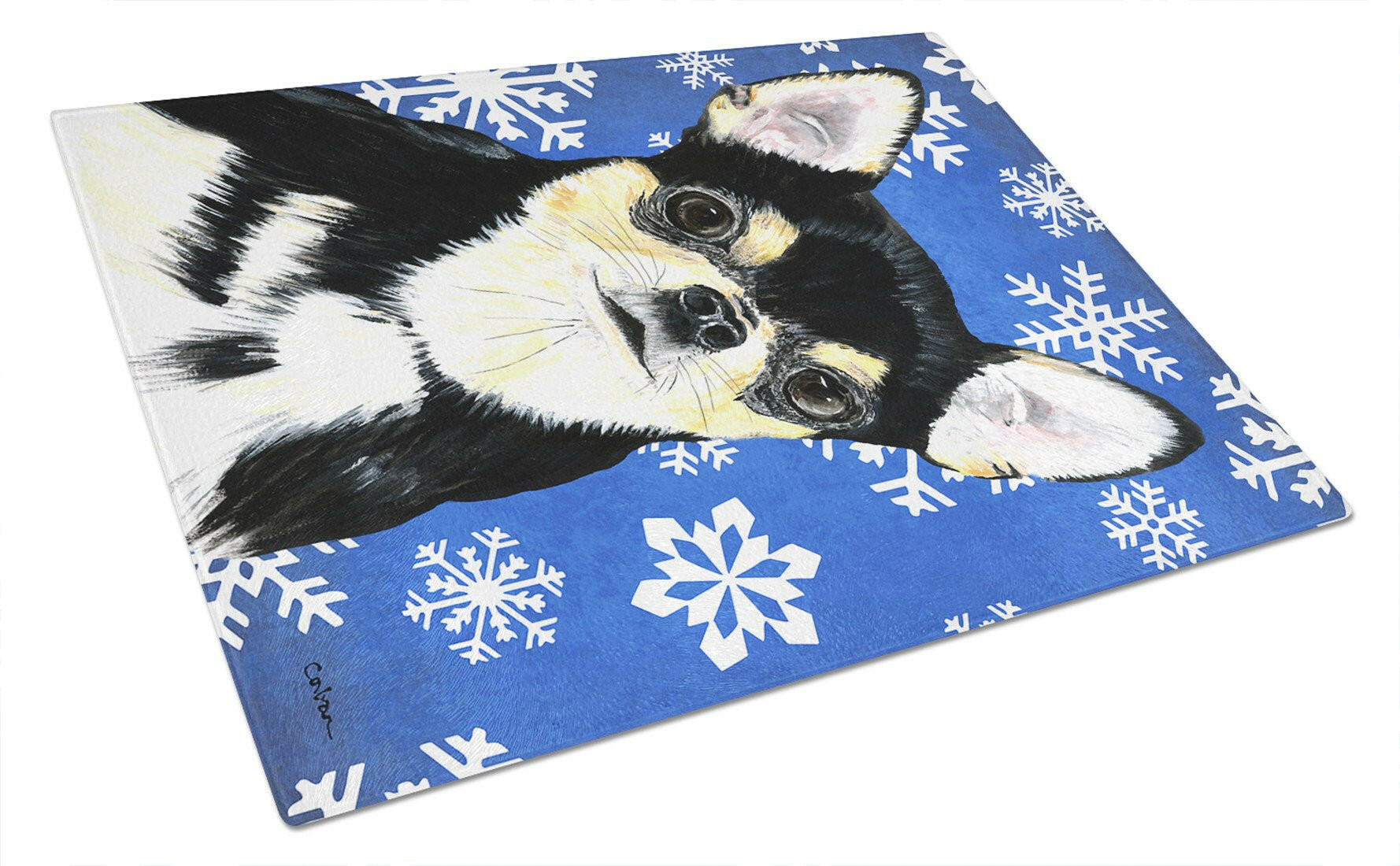 Chihuahua Winter Snowflakes Holiday Cutting Board Tempered Glass Kitchen Cutting Surface, Heat Resistant Chopping, Non-Slip Feet, Food Prep & Serving