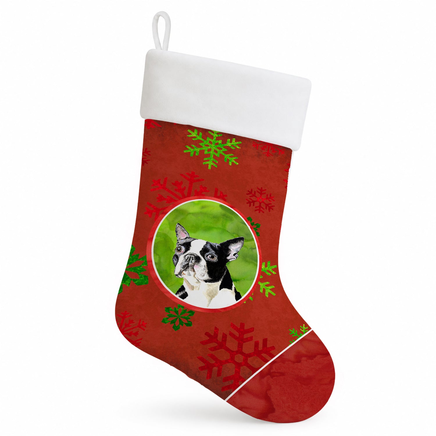 Boston Terrier Red Green Snowflakes Christmas Holiday Stocking Double-Sided Print, Polyester Suede,11x18, Made in USA