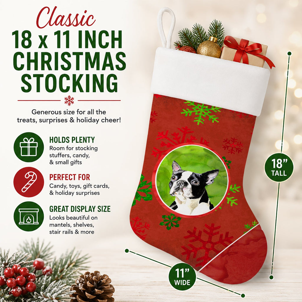 Boston Terrier Red Green Snowflakes Christmas Holiday Stocking Double-Sided Print, Polyester Suede,11x18, Made in USA