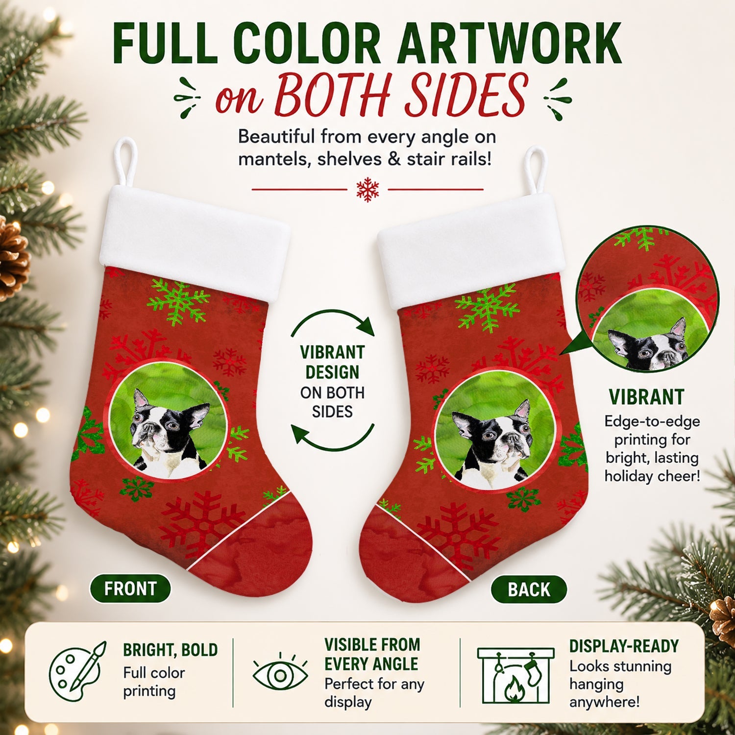 Boston Terrier Red Green Snowflakes Christmas Holiday Stocking Double-Sided Print, Polyester Suede,11x18, Made in USA