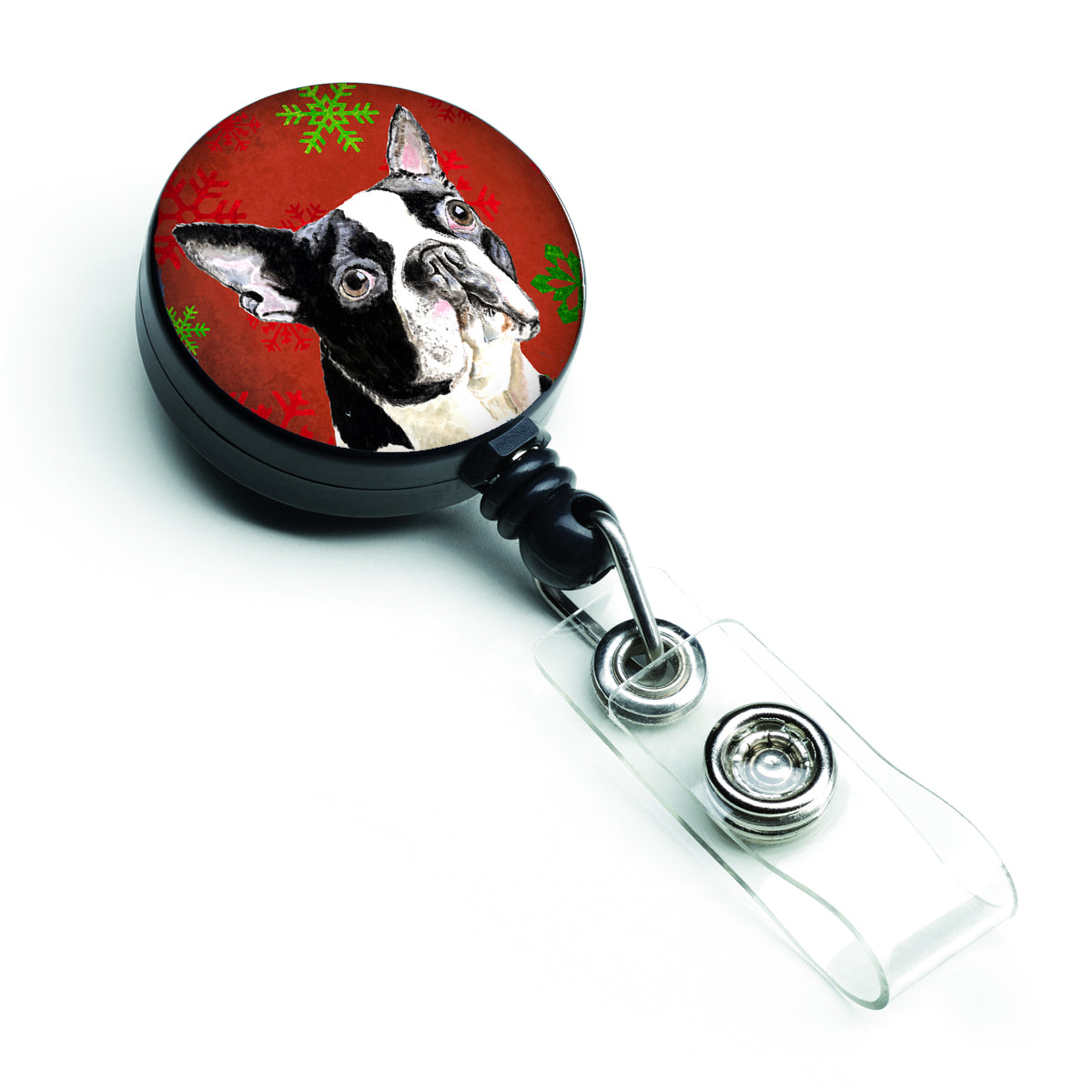 Boston Terrier Red Green Snowflakes Christmas Retractable Badge Reel for Nurses ID Badge Holder with Clip Retractable Employee Badge Holder, Belt Clip