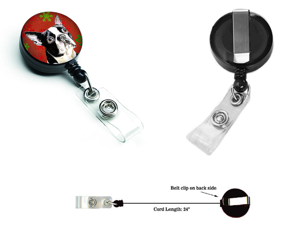 Boston Terrier Red Green Snowflakes Christmas Retractable Badge Reel for Nurses ID Badge Holder with Clip Retractable Employee Badge Holder, Belt Clip