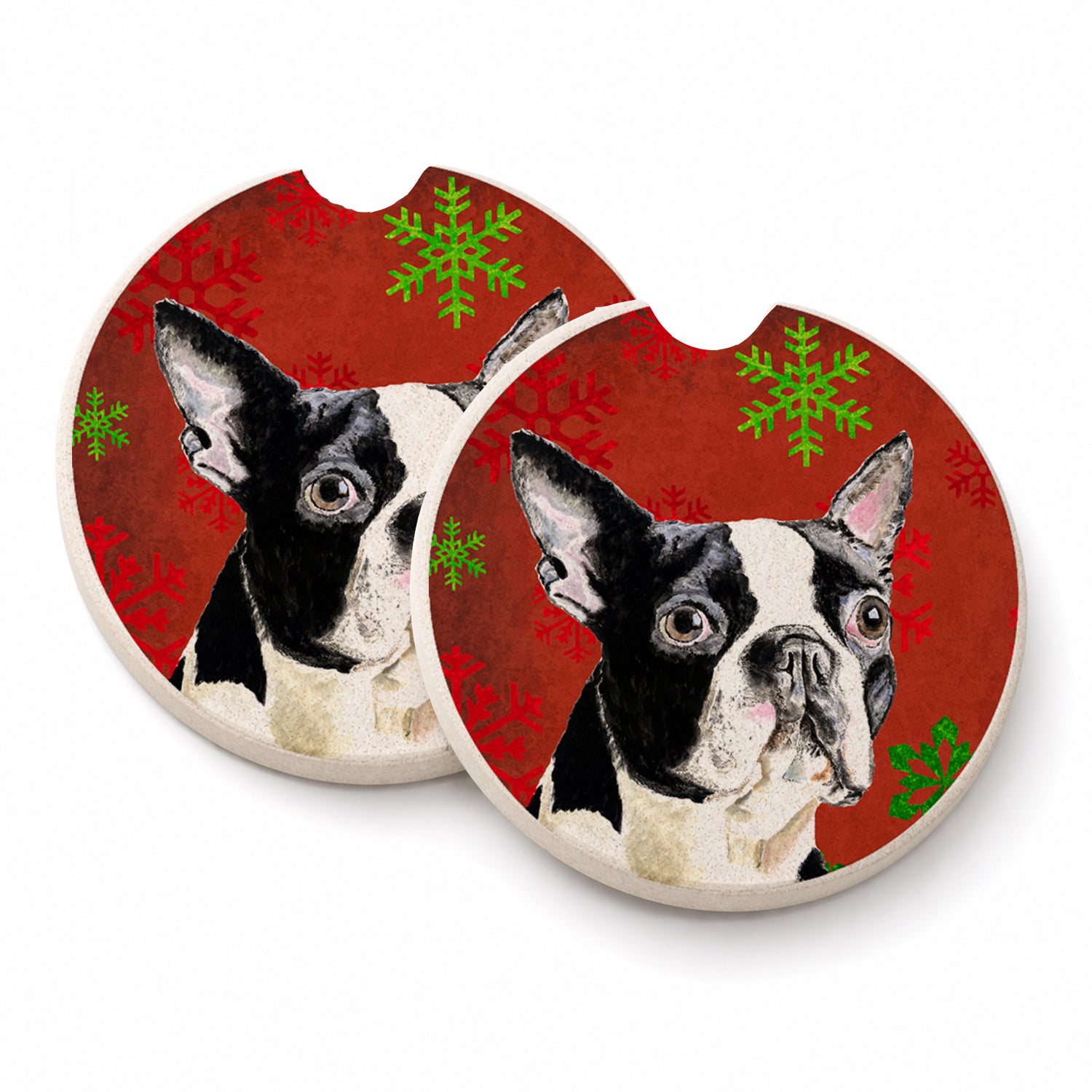 Boston Terrier Red Green Snowflakes Christmas Set of 2 Cup Holder Car Coasters Absorbent Round Sandstone Coasters Gifts for Men or Women, 2.5, Multicolor