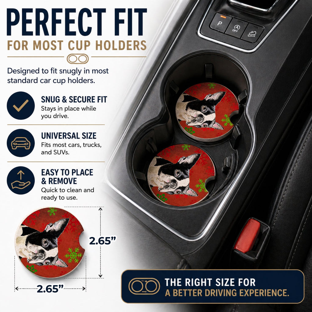 Boston Terrier Red Green Snowflakes Christmas Set of 2 Cup Holder Car Coasters Absorbent Round Sandstone Coasters Gifts for Men or Women, 2.5, Multicolor