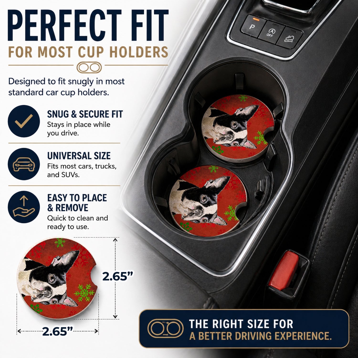 Boston Terrier Red Green Snowflakes Christmas Set of 2 Cup Holder Car Coasters Absorbent Round Sandstone Coasters Gifts for Men or Women, 2.5, Multicolor