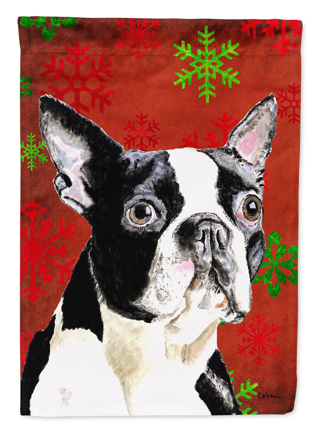 Boston Terrier Red Green Snowflakes Christmas House Flag 28x40 Porch Sleeve Pole Decorative Outside Yard Banner Artwork Wall Hanging, Polyester