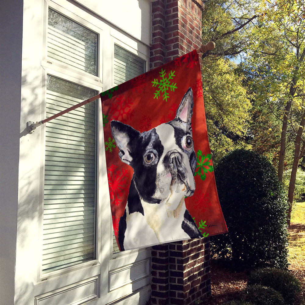 Boston Terrier Red Green Snowflakes Christmas House Flag 28x40 Porch Sleeve Pole Decorative Outside Yard Banner Artwork Wall Hanging, Polyester