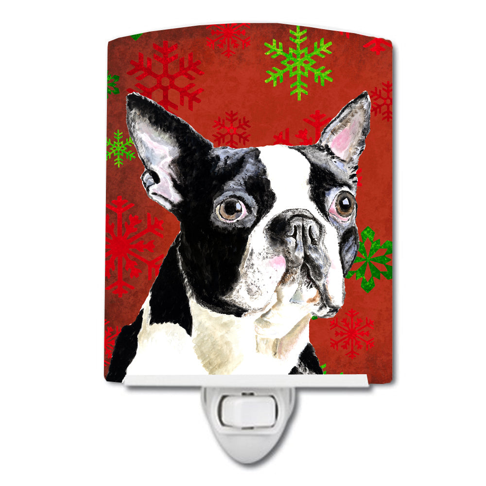 Boston Terrier Red Green Snowflakes Christmas Ceramic Night Light Compact, UL-Certified, Ideal for Bedroom, Bathroom, Nursery, Hallway, Kitchen, 6x4x3, Multicolor