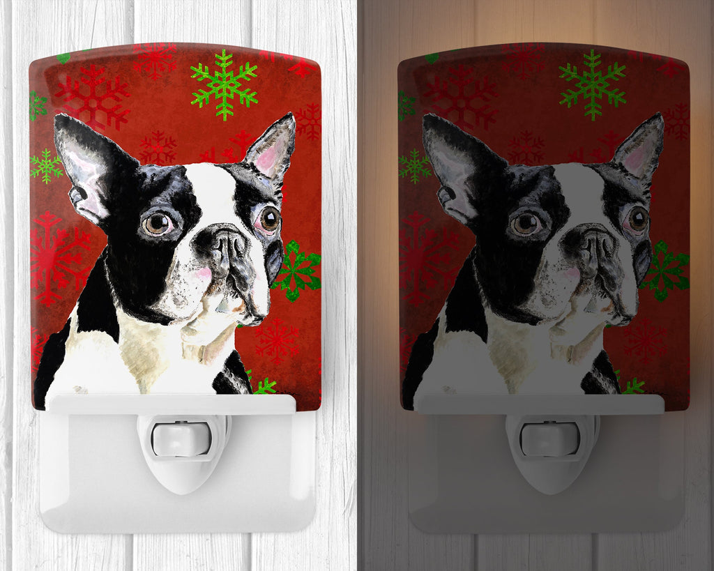 Boston Terrier Red Green Snowflakes Christmas Ceramic Night Light Compact, UL-Certified, Ideal for Bedroom, Bathroom, Nursery, Hallway, Kitchen, 6x4x3, Multicolor