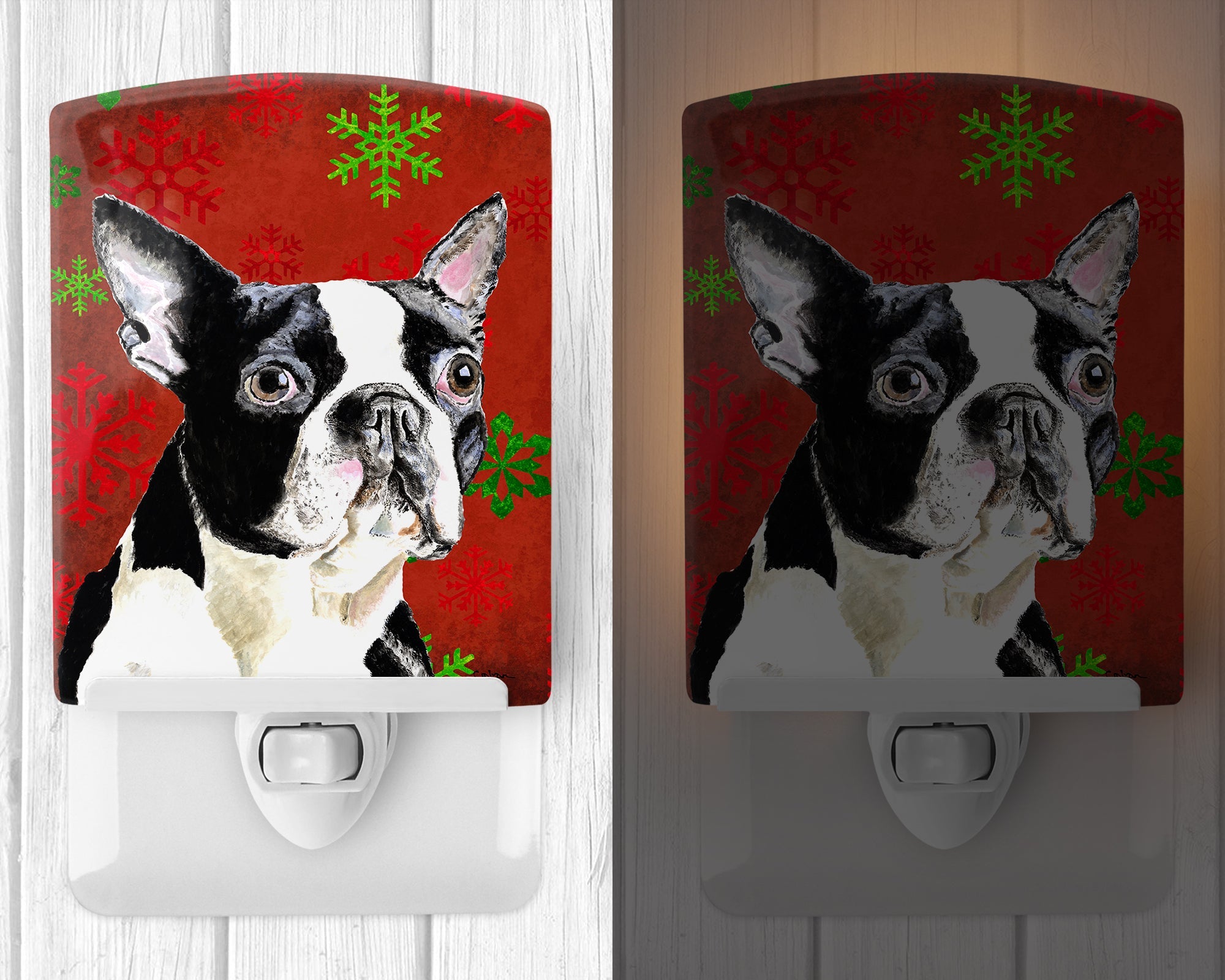 Boston Terrier Red Green Snowflakes Christmas Ceramic Night Light Compact, UL-Certified, Ideal for Bedroom, Bathroom, Nursery, Hallway, Kitchen, 6x4x3, Multicolor