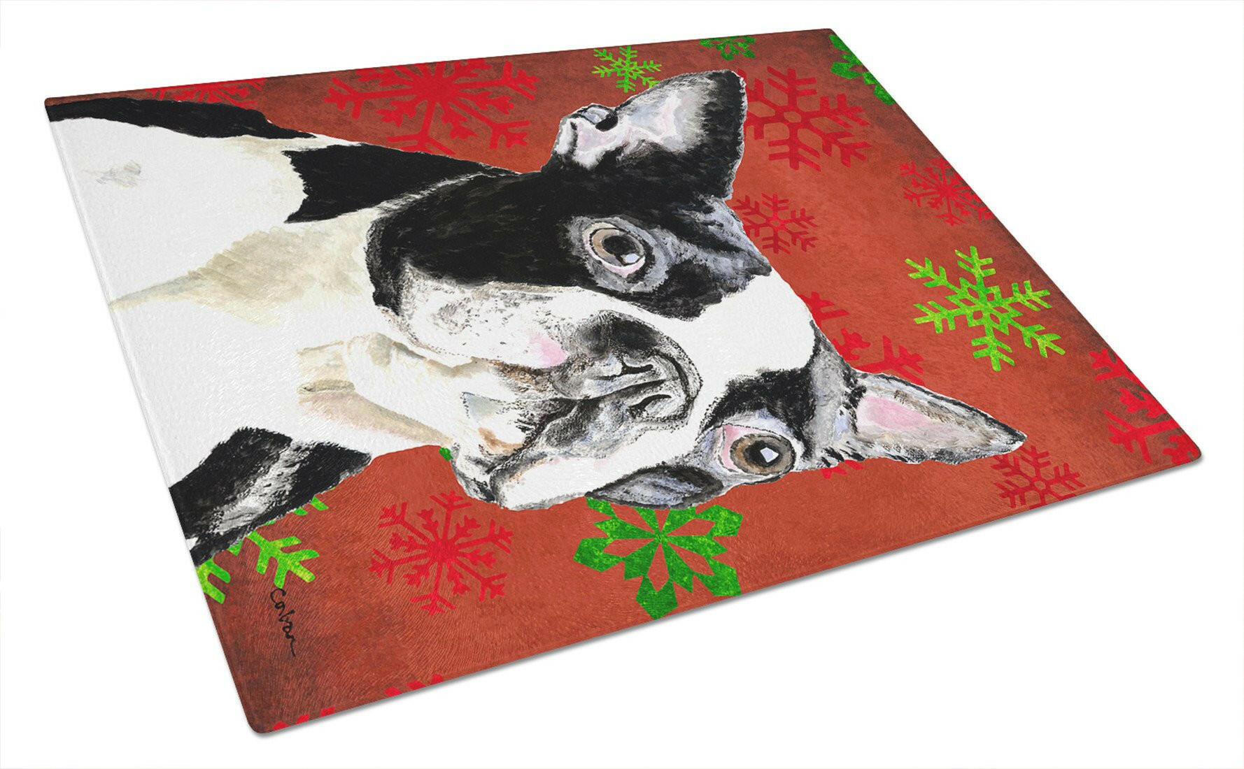 Boston Terrier Red Green Snowflakes Christmas Cutting Board Tempered Glass Kitchen Cutting Surface, Heat Resistant Chopping, Non-Slip Feet, Food Prep & Serving