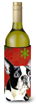 Boston Terrier Red Green Snowflakes Christmas Wine Bottle Hugger Gift Sleeve for Standard 750 ml Bottles, Insulated Reusable Also Fits Mini Shot & Pint Bottles