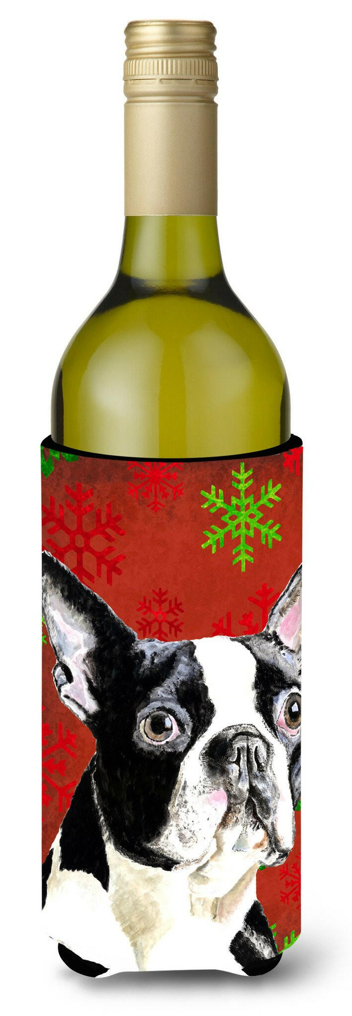 Boston Terrier Red Green Snowflakes Christmas Wine Bottle Hugger Gift Sleeve for Standard 750 ml Bottles, Insulated Reusable Also Fits Mini Shot & Pint Bottles