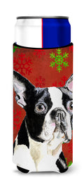 Boston Terrier Red Green Snowflakes Christmas Slim Can Hugger , Insulated Foam Hugger for 12 oz Slim Cans, Beer Bottles & Water Bottles, Printed in USA