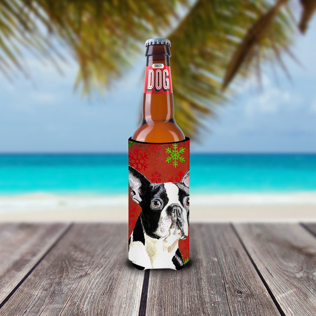 Boston Terrier Red Green Snowflakes Christmas Slim Can Hugger , Insulated Foam Hugger for 12 oz Slim Cans, Beer Bottles & Water Bottles, Printed in USA