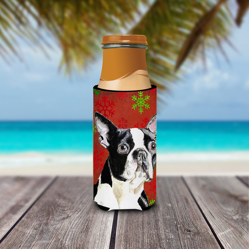 Boston Terrier Red Green Snowflakes Christmas Slim Can Hugger , Insulated Foam Hugger for 12 oz Slim Cans, Beer Bottles & Water Bottles, Printed in USA