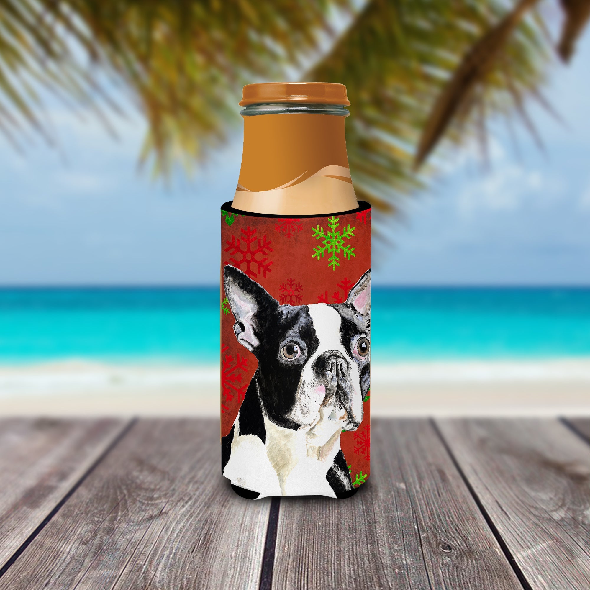 Boston Terrier Red Green Snowflakes Christmas Slim Can Hugger , Insulated Foam Hugger for 12 oz Slim Cans, Beer Bottles & Water Bottles, Printed in USA