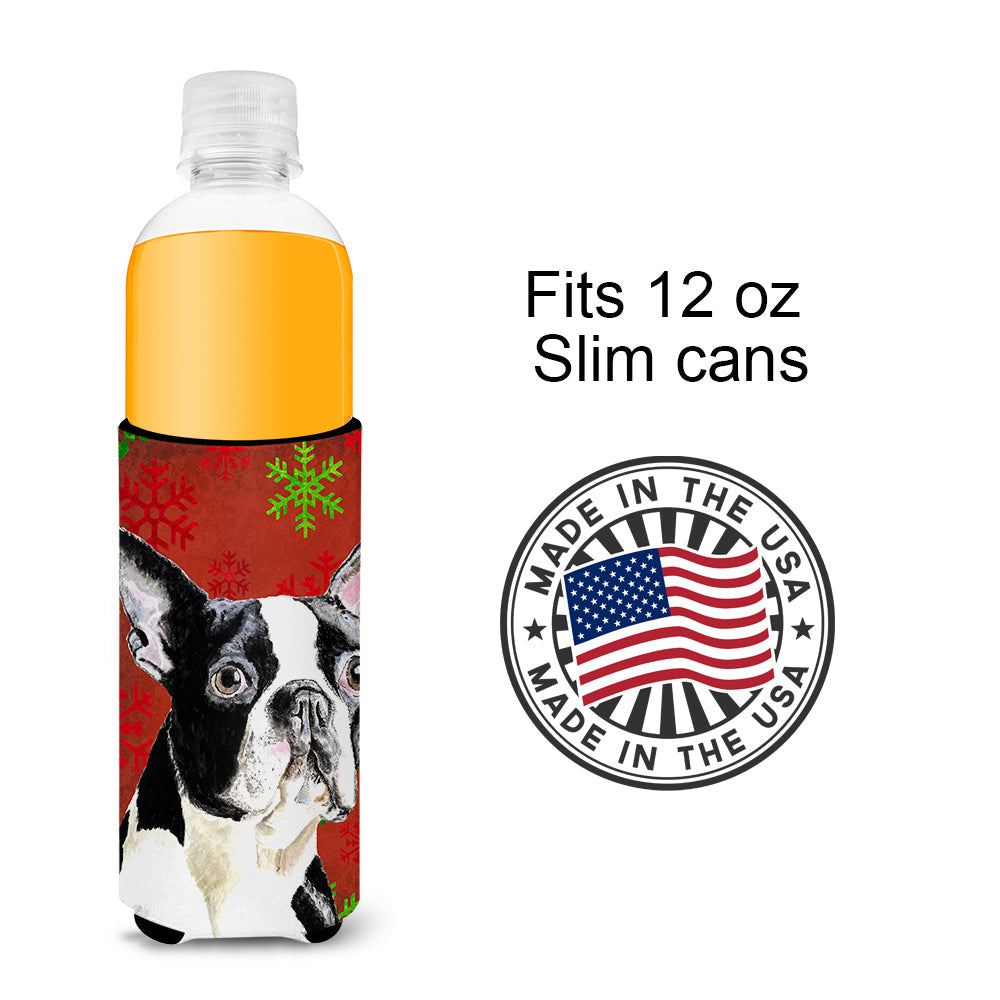 Boston Terrier Red Green Snowflakes Christmas Slim Can Hugger , Insulated Foam Hugger for 12 oz Slim Cans, Beer Bottles & Water Bottles, Printed in USA