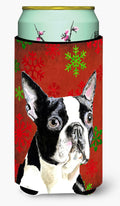 Boston Terrier Red Green Snowflakes Christmas Tall Boy Hugger Can Cooler Sleeve Machine Washable Drink Collapsible Insulator Beverage Insulated Holder