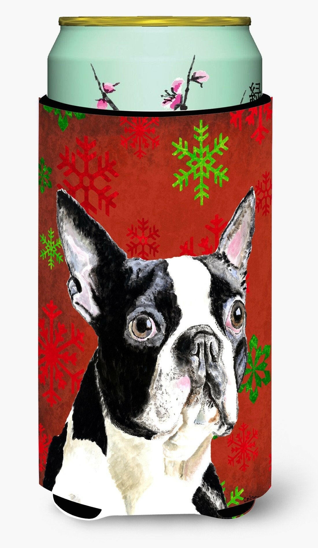 Boston Terrier Red Green Snowflakes Christmas Tall Boy Hugger Can Cooler Sleeve Machine Washable Drink Collapsible Insulator Beverage Insulated Holder