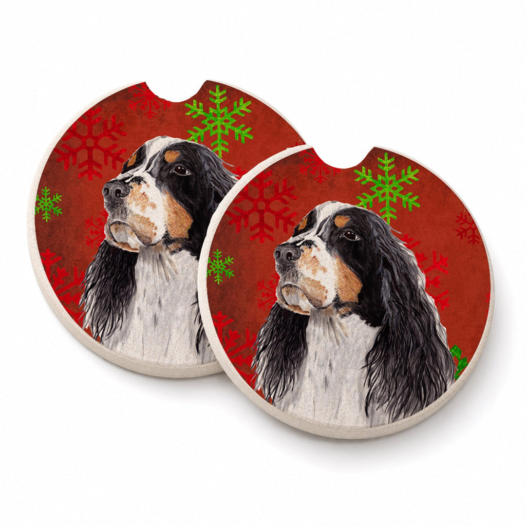 Springer Spaniel Red and Green Snowflakes Holiday Christmas Set of 2 Cup Holder Car Coasters Absorbent Round Sandstone Coasters Gifts for Men or Women, 2.5, Multicolor