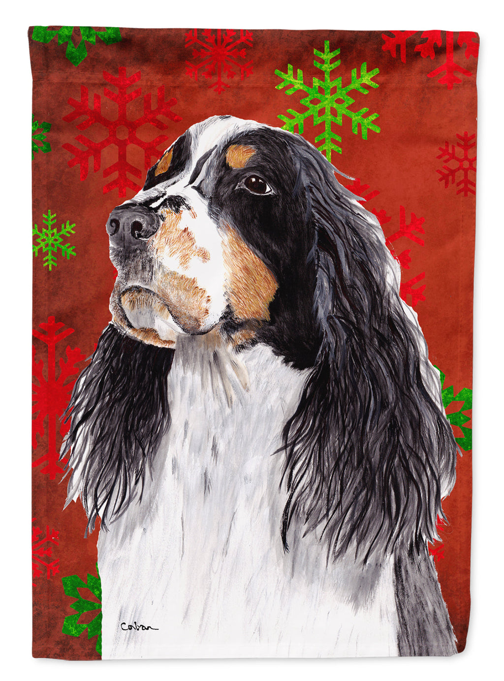 Springer Spaniel Red and Green Snowflakes Holiday Christmas House Flag 28x40 Porch Sleeve Pole Decorative Outside Yard Banner Artwork Wall Hanging, Polyester