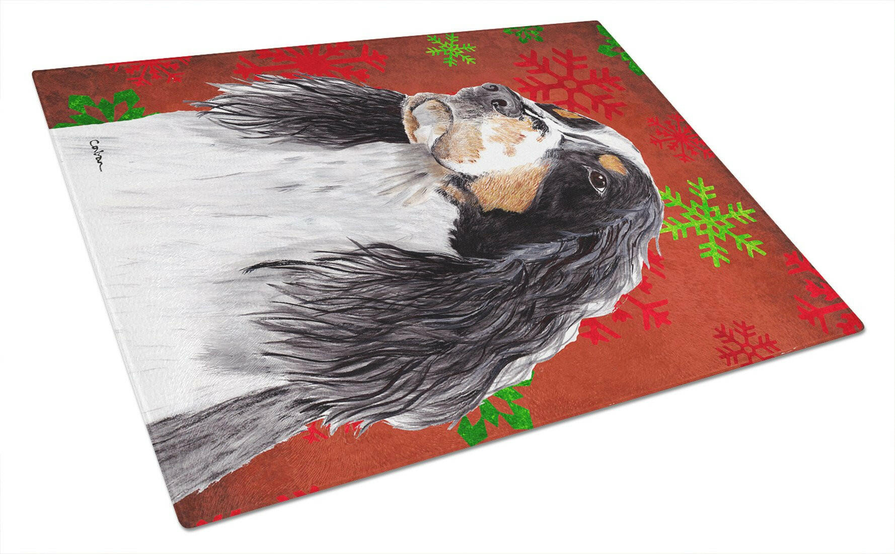 Springer Spaniel Red and Green Snowflakes Holiday Christmas Cutting Board Tempered Glass Kitchen Cutting Surface, Heat Resistant Chopping, Non-Slip Feet, Food Prep & Serving